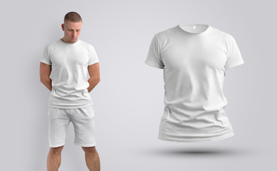 Two mockups of a blank T-shirt on a man and 3d.