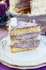 Blueberry and coconut layer cake.