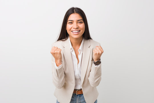 Young Business Arab Woman Isolated Against A White Background Cheering Carefree And Excited. Victory Concept.