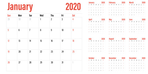 Calendar planner 2020 template vector illustration all 12 months week starts on Sunday and indicate weekends on Saturday and Sunday