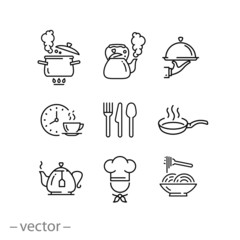 cooking icon set, kitchen tools, cup, cook, pot, kettle and more, thin line web symbols on white background - editable stroke vector illustration eps10