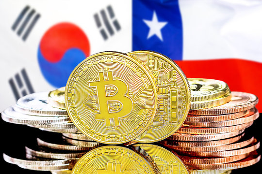 Concept for investors in cryptocurrency and Blockchain technology in the South Korea and Chile. Bitcoins on the background of the flag South Korea and Chile.