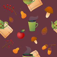 Vector seamless pattern with autumn items. Cups of tea and coffee, apple, pear, mushroom and a teapot.