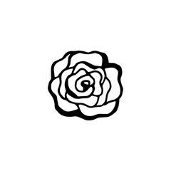 Black and white line drawing of rose flower, logo icon design sketch