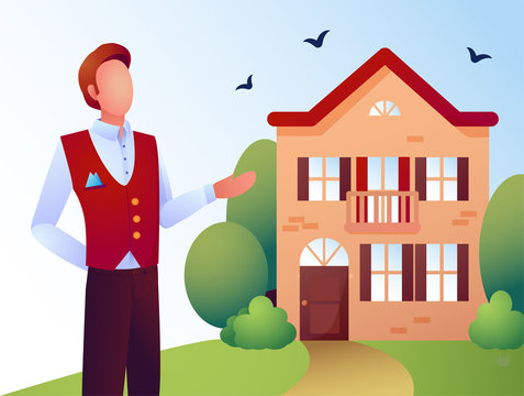 Vector illustration of a batler near the hotel. Man sells the house.