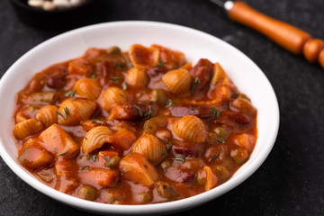 space vegetable grains peas soup in tomato sauce