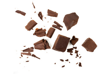 Broken chocolate with small piece isolated on white background. - obrazy, fototapety, plakaty