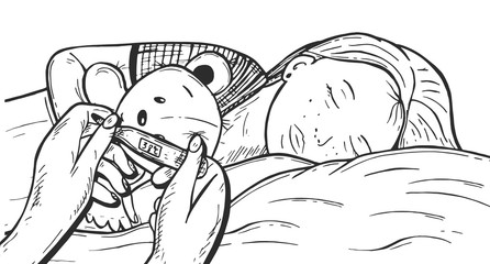 little girl is sick. Girl hugs a teddy bear. Hands hold degrees. Vector graphics. Hand drawing.eps