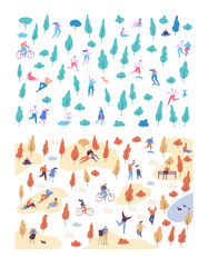 Autumn and summer vector park background. Various people at park. Seasons changing. Leisure outdoor activities - walking, playing with ball, jogging, reading, picnic lunch in park. Flat Cartoon style.