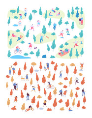 Autumn and summer vector park background. Various people at park. Seasons changing. Leisure outdoor activities - walking, playing with ball, jogging, reading, picnic lunch in park. Flat Cartoon style.