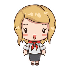 Vector illustration of cute business girl, secretary or teacher in formal clothes. Kawaii chibi character isolated on white background. Cartoon girl in black skirt, white blouse and red neckscarf.