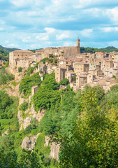 Sorano (Italy) - An ancient medieval hill town hanging from a tuff stone in province of Grosseto, Tuscany region, know as the Little Matera.