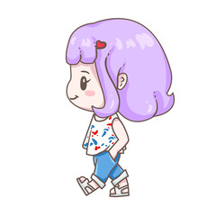 Vector illustration of kawaii chibi character. Cute cartoon walking girl in blue jeans, white t-shirt.