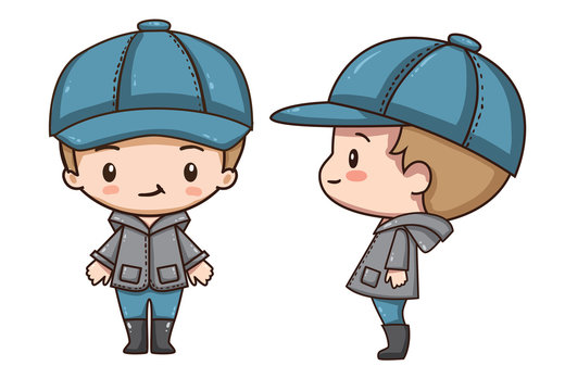 Vector illustration of cute chibi character isolated on white background.  Cartoon little boy in grey coat, blue jeans, boots and cap. Front view and side view.