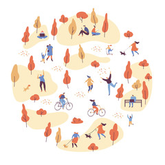 Autumn landscape. Various people at autumn park background. Leisure outdoor activities - walking dog, playing with ball, jogging, reading, picnic. Cartoon style flat vector illustration.