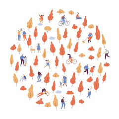 Autumn landscape. Various people at autumn park background. Leisure outdoor activities - walking dog, playing with ball, jogging, reading, picnic. Cartoon style flat vector illustration.