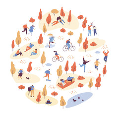 Autumn landscape. Various people at autumn park background. Leisure outdoor activities - walking dog, playing with ball, jogging, reading, picnic. Cartoon style flat vector illustration.