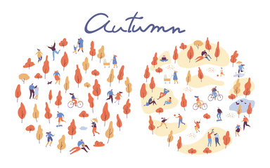 Autumn landscape. Various people at autumn park background. Leisure outdoor activities - walking dog, playing with ball, jogging, reading, picnic. Cartoon style flat vector illustration.