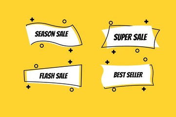 Flat linear promotion ribbon banner, scroll, price tag, sticker, badge, poster with yellow background.Vector illustration