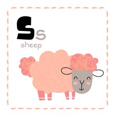 Cartoon Alphabet letter S for Sheep for teaching kids to read and write with upper and lower case text alongside a pretty little woolly pink sheep, vector illustration