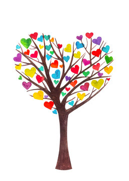 Dipinto acquerello albero a forma di cuore. Albero fatto di cuori colorati. Amore