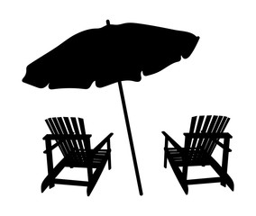 Two lounge chairs under an umbrella on the beach. Black and white illustration of lounges under a canopy. Vacation vector illustration. Silhouette summer vacation. Tattoo. © Igor