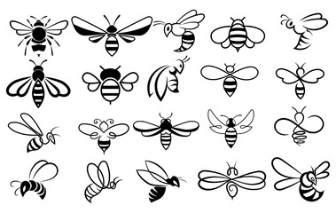 Set of bees. Collection of stylized honey bees for the logo. Black and white illustration of a farm insect.