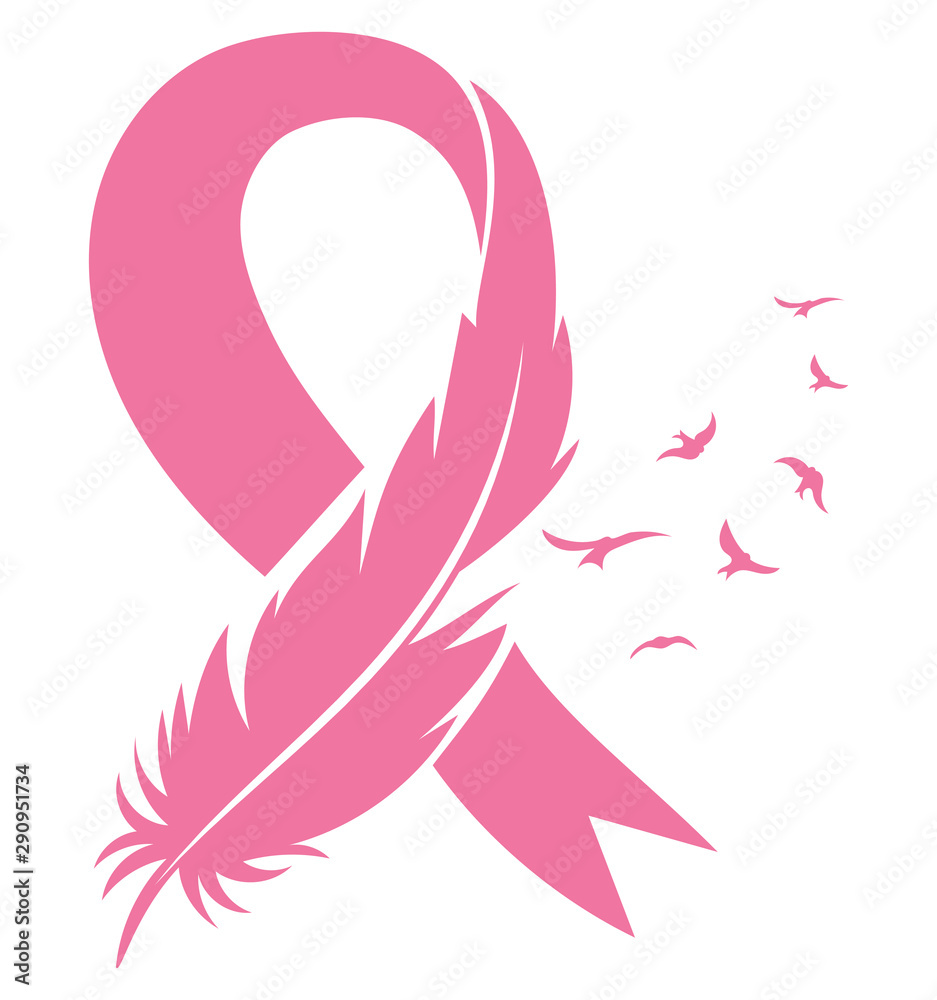 Wall mural pink ribbon with feather and birds. breast cancer awareness ribbon. vector illustration for breast h