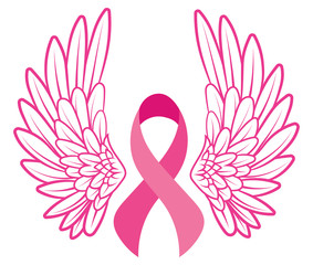 Pink ribbon with angel wings. Breast Cancer Awareness Ribbon. Vector illustration for breast health.