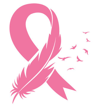 Pink Ribbon With Feather And Birds. Breast Cancer Awareness Ribbon. Vector Illustration For Breast Health.