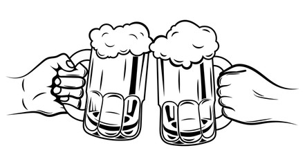 Two glasses of beer. Black and white illustration for oktoberfest or beer festival. Two hands with glasses of beer.