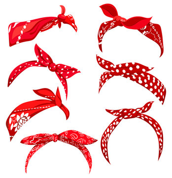 Set retro headband for woman. Collection of red bandanas for hairstyles. Windy hair dressing illustration.