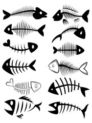 Set of silhouettes of fish skeletons. Collection of fish bones. Black and white vector illustration. Tattoo.