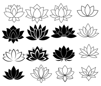 Set of stylized lotuses. Collection of lotus flowers for a logo. Black white vector illustration. Tattoo.