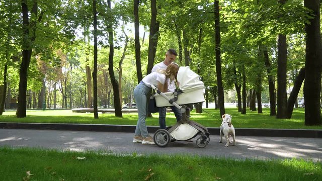 Lovely family with sweet little baby and pet in park