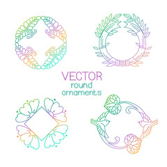 Vector Round Ornaments Collection Logo For Organic Shop, Eco Product, Cosmetic, Business. Company Mark, Emblem, Element. Nature Geometric Mandala Vector Logotype.