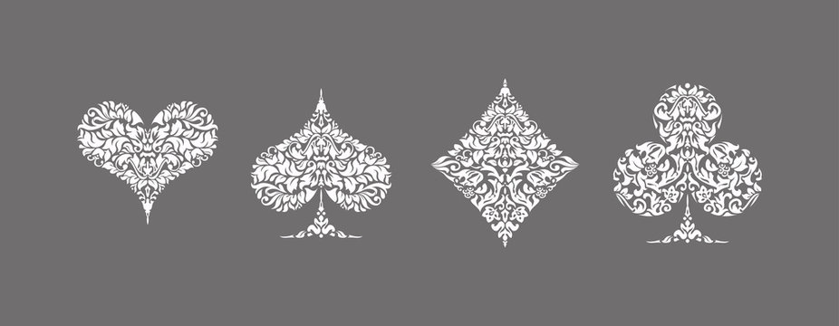 Set 4 aces Playing card suits icons decoration pattern: diamonds, clovers, hearts spades template on gray background. Vintage Playing card suit ornament symbol pictogram ace casino for play poker game
