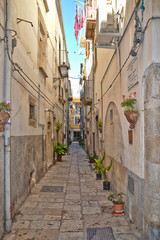 A narrow street between squares, monuments and colorful buildings in the town of Isernia, in Italy