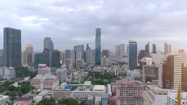 4K aerial drone footage of Bangkok skyline, Great sunset scene. Fantastic landscape. Business city, view of Bangkok downtown, Flying over Bangkok, Thailand.