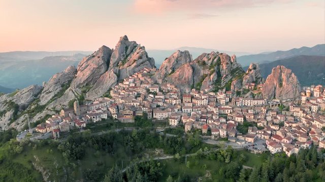 Aerial shot of small cozy mountain town Pietrapertosa located in Dolomiti lucane mountains in Basilicata region in the southern Italy