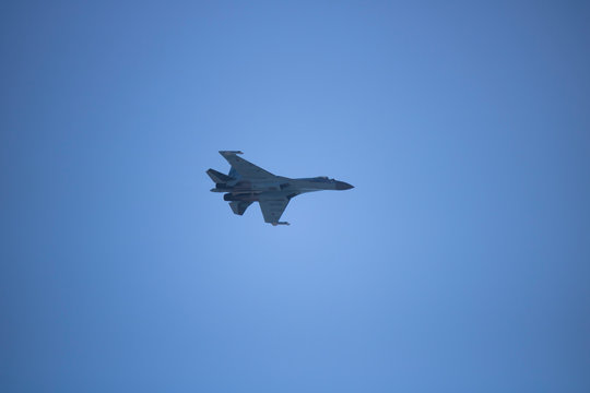 Istanbul, Turkey - September-18,2019: Teknofest 2019 air shows Russian Su-35 aircraft close-up.