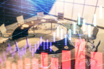 Double exposure of forex chart on conference room background. Concept of stock market analysis