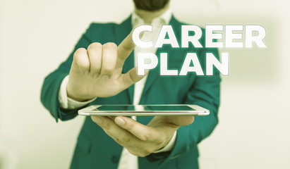Word writing text Career Plan. Business photo showcasing ongoing process where you Explore your interests and abilities Businessman with pointing finger in front of him