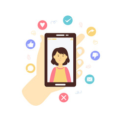 Girl on the application screen in a smartphone. Social Network Icons. Online communication technology concept. Mobile connection. Vector flat stock illustration isolated on white background.