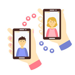 Girl and man on the screens in a smartphone. Video call, virtual friendship, love. Communication in social networks. Mobile connection. Vector flat illustration isolated on white background.