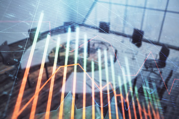 Double exposure of forex chart on conference room background. Concept of stock market analysis