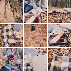 Collage of cozy picnic photos with book, tea and fresh bread
