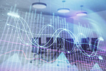 Multi exposure of stock market graph on conference room background. Concept of financial analysis