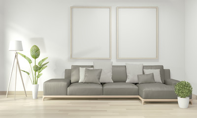 Mock up poster frame in living room with yellow sofa and decoration plants on floor wooden.3D rendering