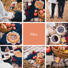 Romantic picnic with tea and pie in autumn forest collage.